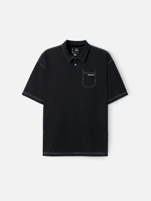 Áo Thun Polo Cotton Co Giãn Chỉ Nổi Tạo Kiểu The No Style 027 Màu Đen Phom Rộng Rãi F4