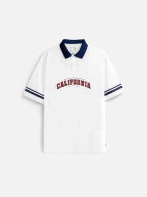Áo Thun Polo FlexFit™ Cổ Phối Màu "CALIFORNIA" The No Style 028 Màu Trắng Phom Rộng Rãi F4