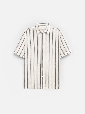 Áo Sơ Mi Tay Ngắn  Kẻ Sọc Vải Lưới Thoáng Gió The No Style 144 Màu Be Phom Vừa Vặn F3